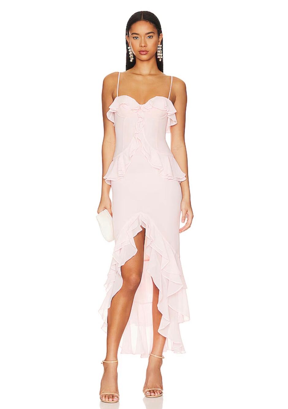 Lovers + Friends Melissa Ruffle Maxi Dress Women’s M Pink High Low Revolve